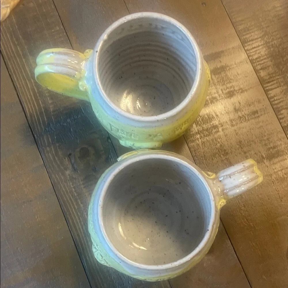 Studio pottery stamped two mug set, unique, inspirational, yellow color gorgeous